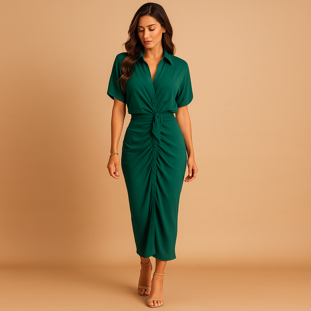 Enkellange jurk met draperie en V-hals