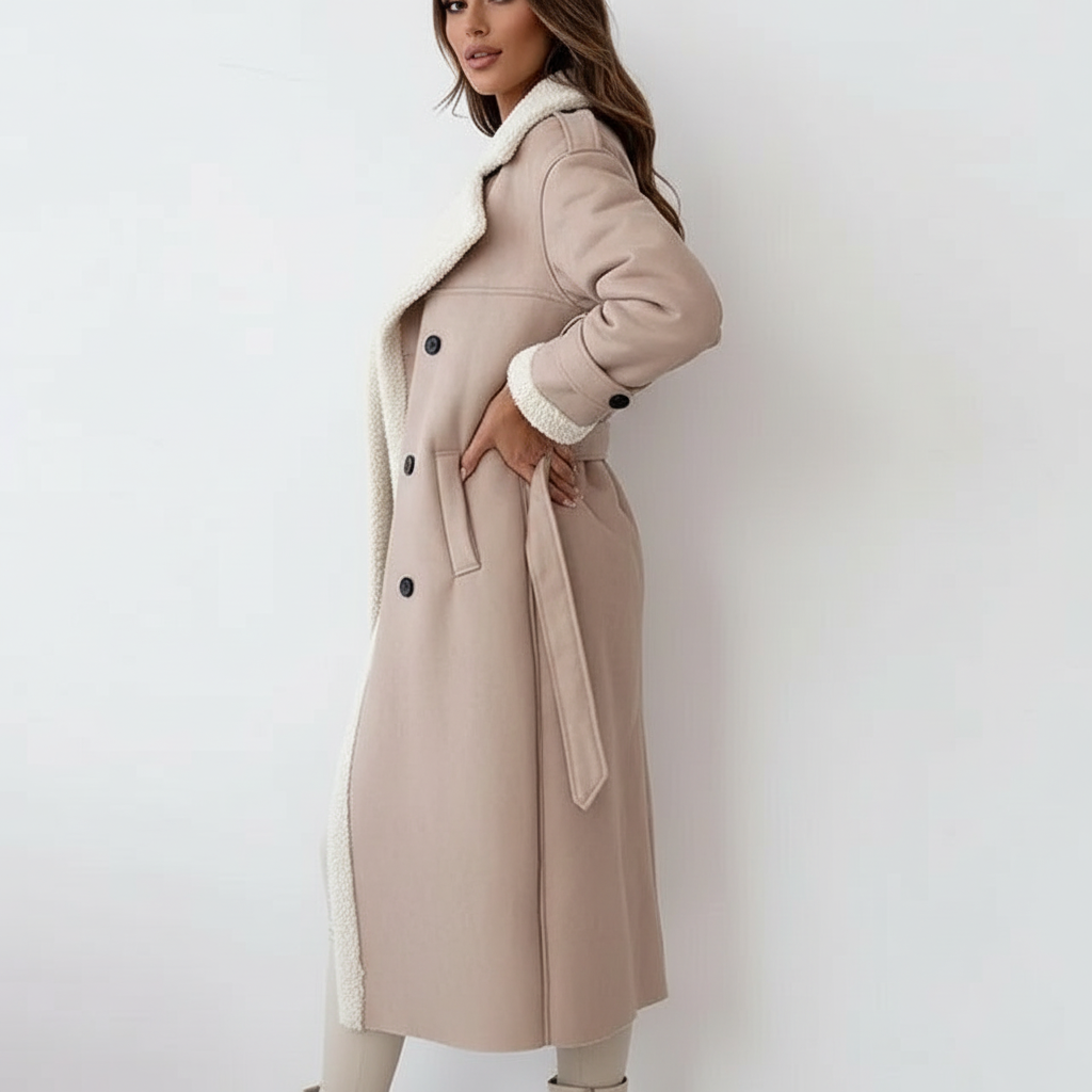 Shearling Elegance - Stijlvolle Vrouwen Double-Breasted Trenchcoat