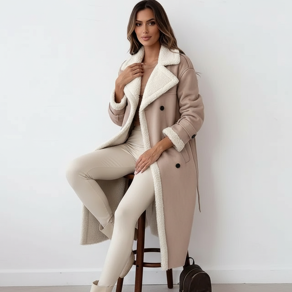 Shearling Elegance - Stijlvolle Vrouwen Double-Breasted Trenchcoat