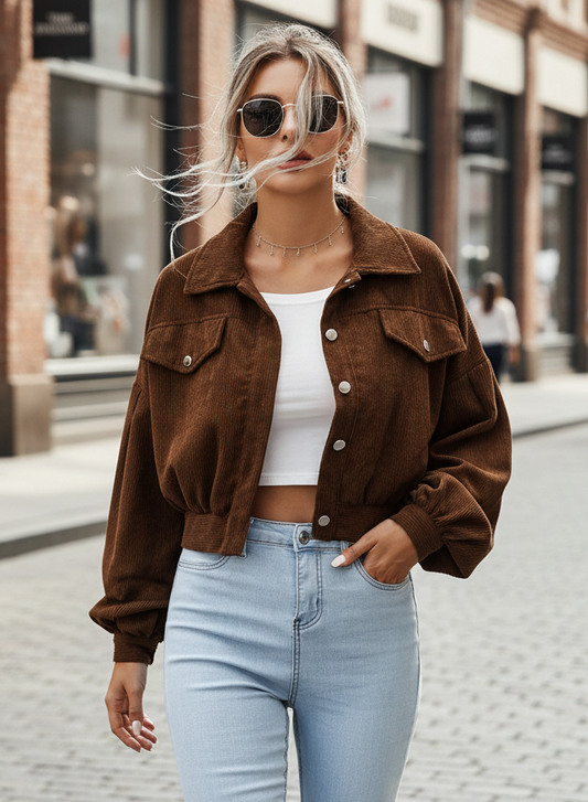 Chic Ribcord Jas - Trendy Dames Cropped Jacket met Ballonmouwen