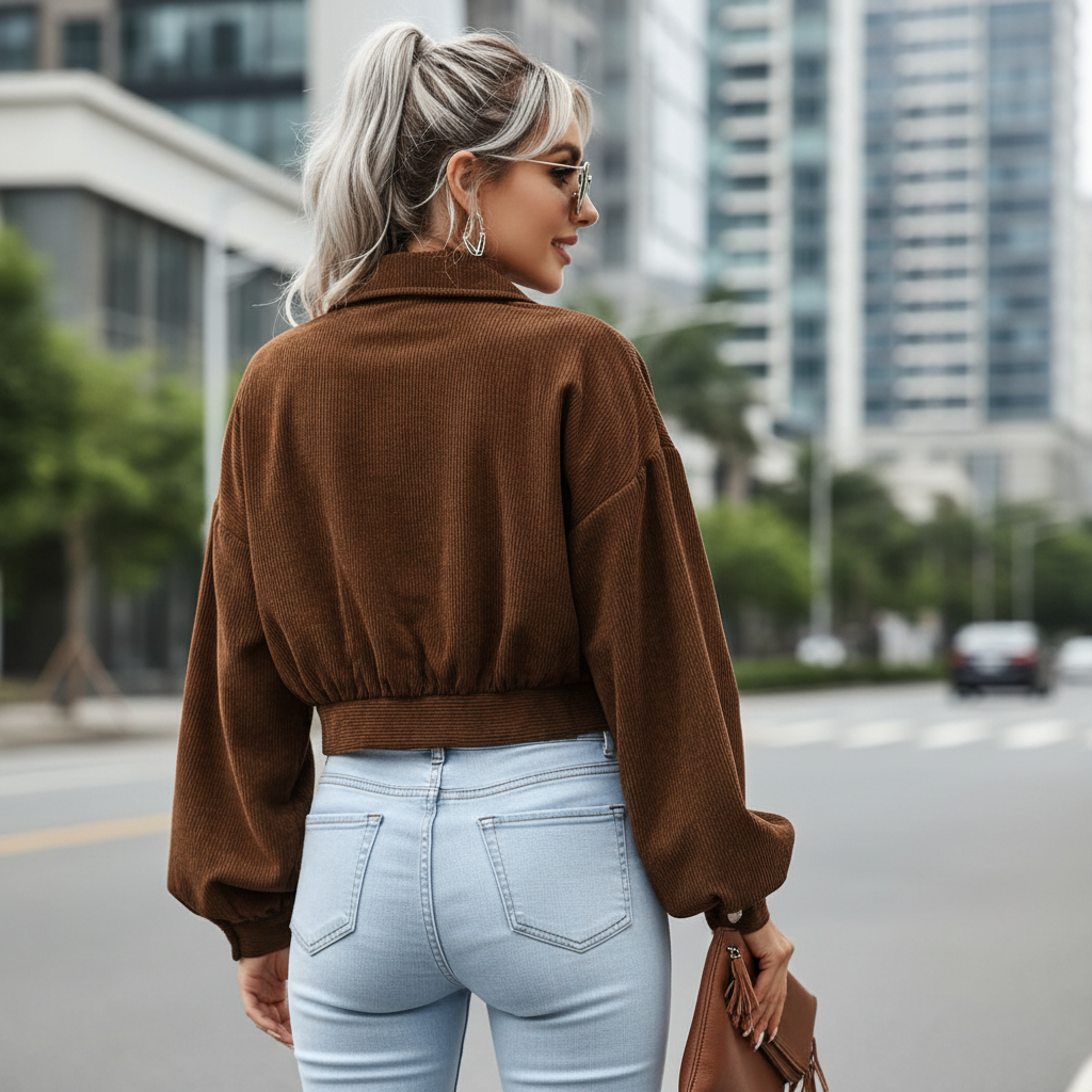 Chic Ribcord Jas - Trendy Dames Cropped Jacket met Ballonmouwen