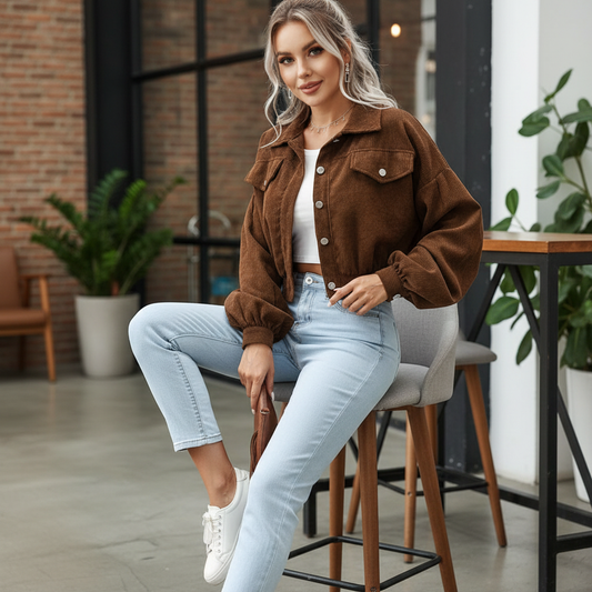 Chic Ribcord Jas - Trendy Dames Cropped Jacket met Ballonmouwen