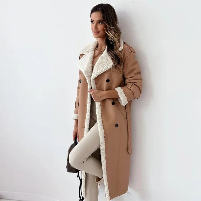 Shearling Elegance - Stijlvolle Vrouwen Double-Breasted Trenchcoat