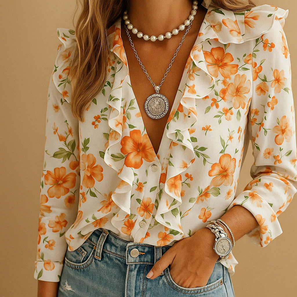 Blouse met ruches dames en luchtige print met lange mouw
