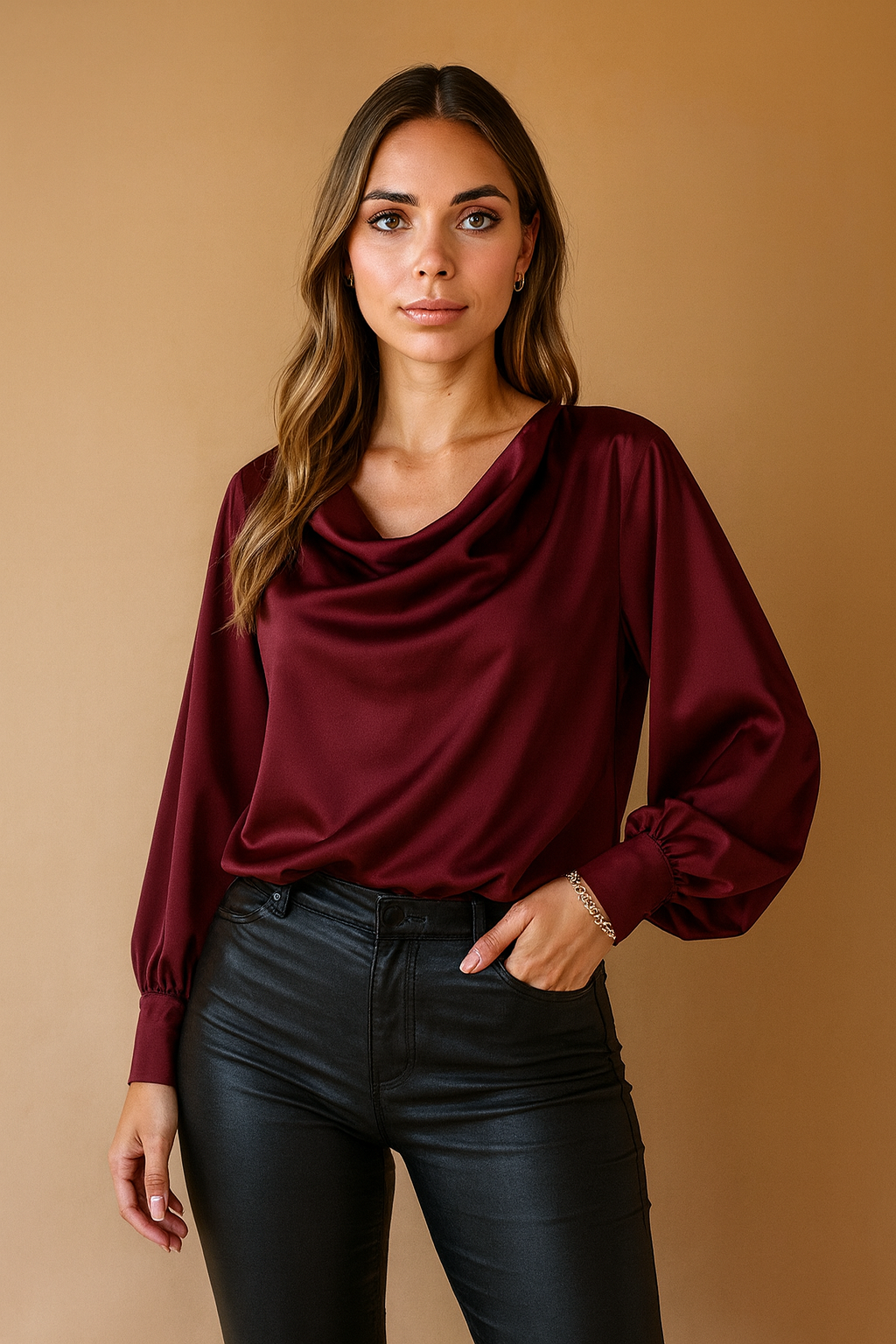 Elegante luchtige satijnen oversized top met wijde mouwen