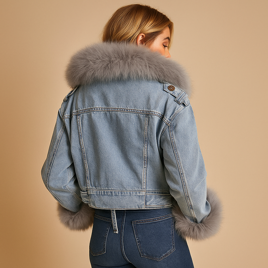 Cropped spijkwe winterjas met imitatiebon