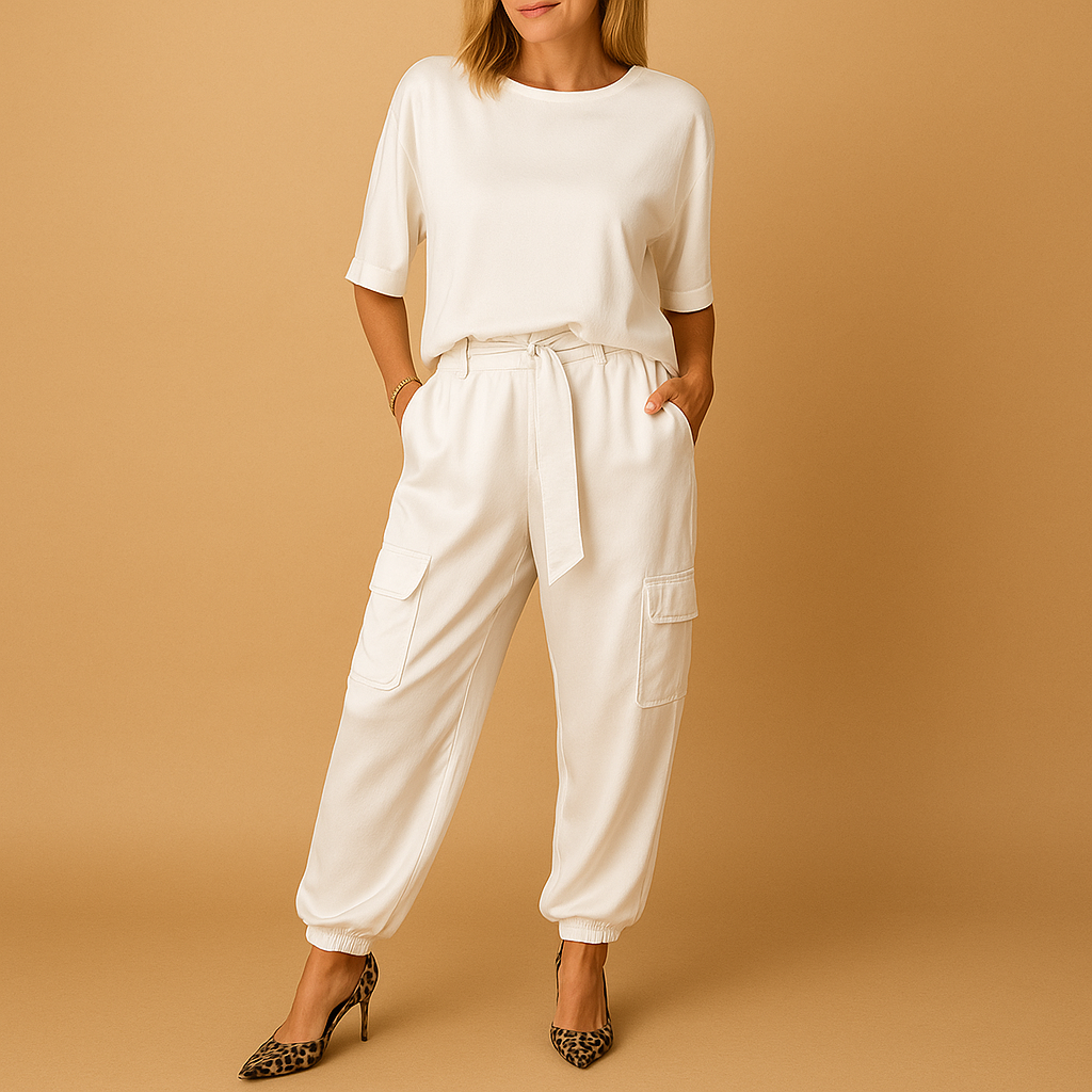 Satijnen tweedelige set met half mouw top
